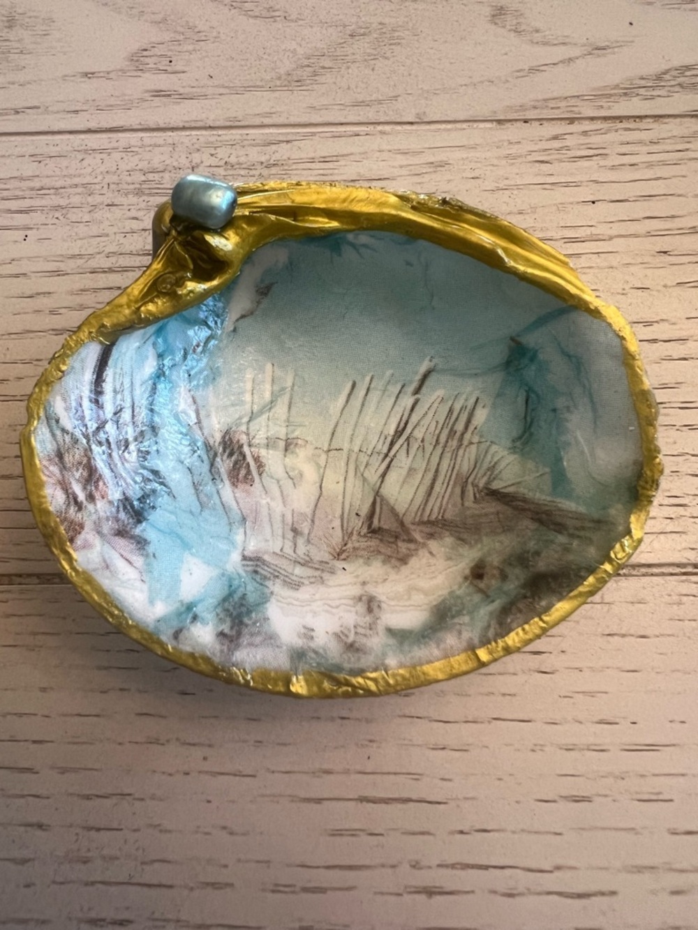 Handcrafted Decorative Shell Dish in Turquoise and Gold with Beach Scene